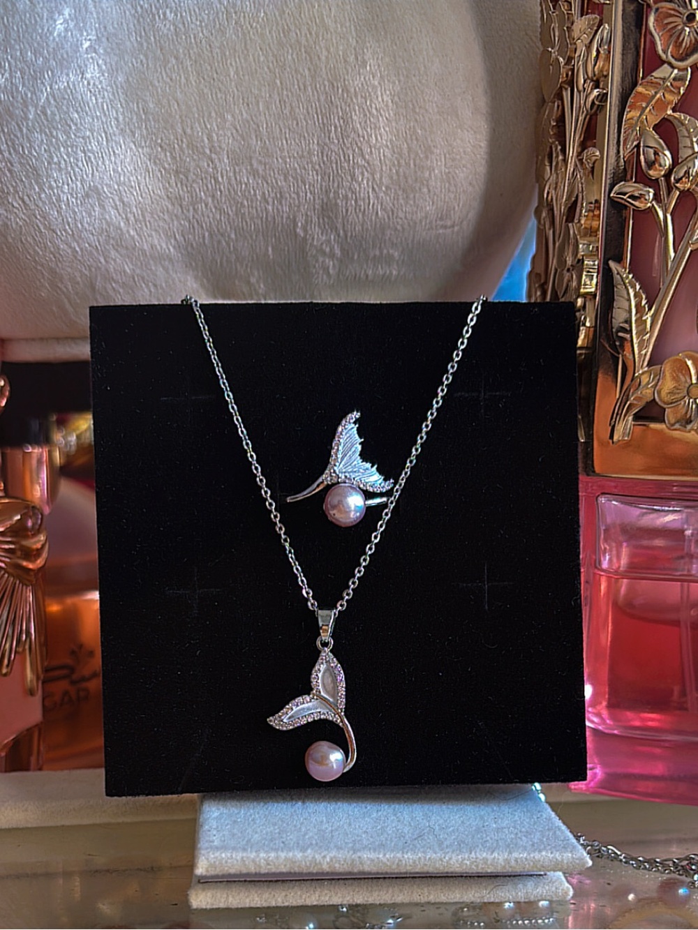 Elegant Silver Whale Tail Pendant Necklace and Ring with Pink Pearls